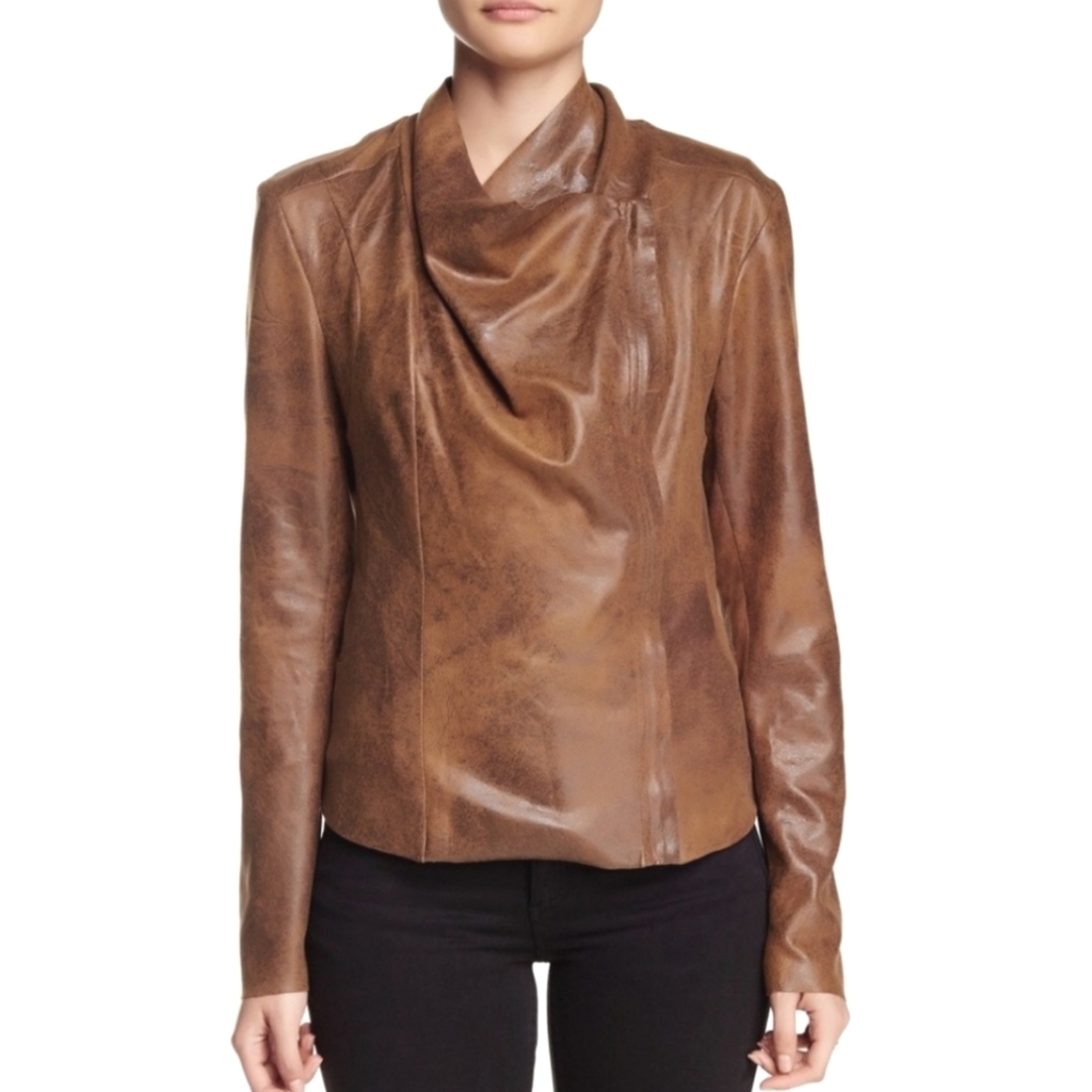 BNCI Vegan‎ Suede Moto Jacket Brown Crackle Zip Drape - Picture 10 of 10